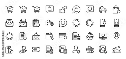 Shopping and e-commerce line icon set. Vector pictograms of carts, delivery, documents, smartphones, credit cards, discounts, and custom settings, thin linear illustration.