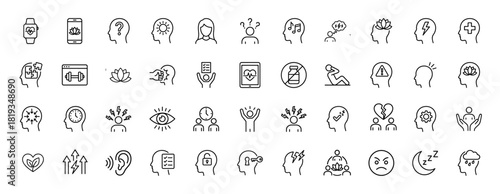 Mental health line icon set. Vector pictograms of thoughts, meditation, stress, sleep, wellness, emotions, and self-care concepts, thin linear illustration.