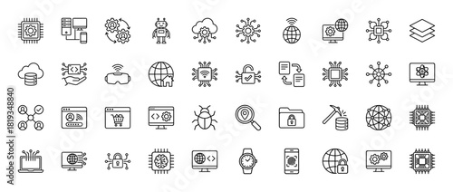 Technology line icon set. Vector pictograms of server, robot, cloud computing, processor, global network, VR headset, smartphone, database, and cybersecurity, thin linear illustration.