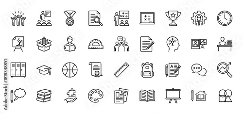 Education line icon set. Vector pictograms of teacher, blackboard, student, graduation cap, books, backpack, diploma, locker, medal, ruler, clock, learning, and success, thin linear illustration.