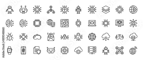 Digital transformation and artificial intelligence line icon set. Vector pictograms of CPU, robot, network, brain, cloud, VR headset, data server, and cybersecurity, thin linear illustration.