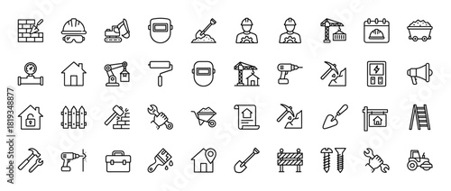 Construction and engineering line icon set. Vector pictograms of hard hat, shovel, bricks, crane, house, drill, wrench, and tools, thin linear illustration.