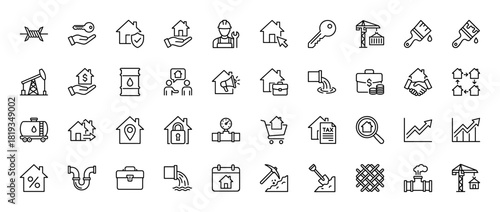 Real estate and construction line icon set. Vector pictograms of property, keys, workers, oil industry, financial growth, and building services, thin linear illustration.