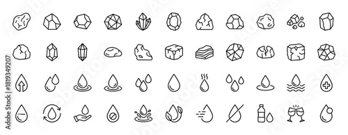 Geology and water line icon set. Vector pictograms of crystals, rocks, gems, stones, water drops, splashes, bottles, and recycle symbols, thin linear illustration.