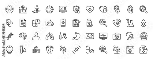Medical line icon set. Vector pictograms of hospital, ambulance, heart, pills, DNA, brain, lungs, broken bone, and MRI scanner, thin linear illustration.