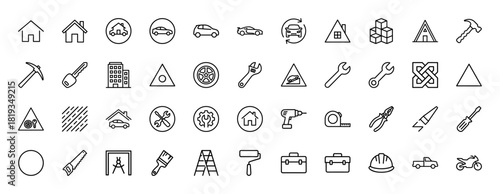 Construction, automotive, and home repair line icon set. Vector pictograms of cars, houses, tools, and vehicles, thin linear illustration.