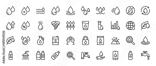 Water conservation icon set. Vector pictograms of water drops, leaves, barrels, jugs, bottles, showers, and faucets, thin linear illustration.