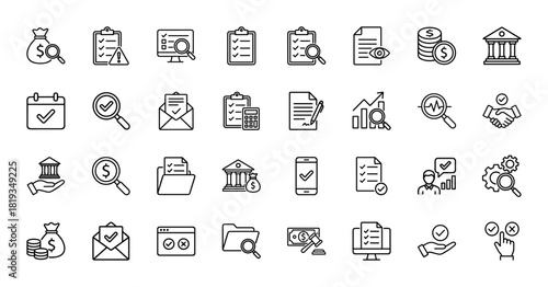 Business and finance line icon set. Vector pictograms of clipboard, document, money, calculator, coins, envelope, graph, bank, thin linear illustration.