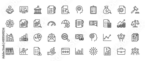 Business, finance, and analytics line icon set. Vector pictograms of documents, graphs, money, scales, legal symbols, and corporate strategy, thin linear illustration.