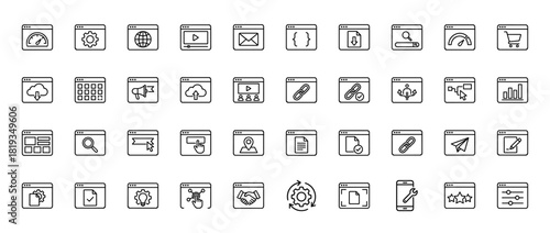 Web development and digital marketing line icon set. Vector pictograms of browser windows with code, settings, globe, cloud, mail, analytics, and e-commerce, thin linear illustration.