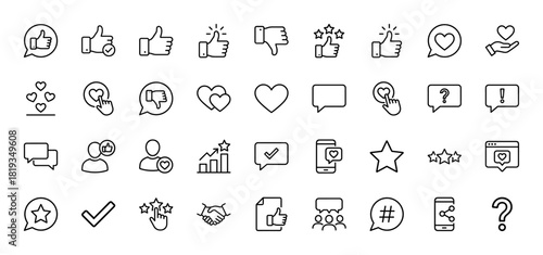 Social media and feedback line icon set. Vector pictograms of likes, dislikes, hearts, stars, chat bubbles, user profiles, and interaction gestures, thin linear illustration.