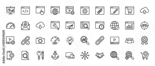 Web services line icon set. Vector pictograms of browser windows, coding, global network, analytics, settings, search, mail, and development, thin linear illustration.
