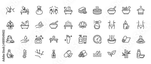 Spa and wellness line icon set. Vector pictograms of massage, hot tub, bath, cosmetic products, essential oils, and relaxation treatments, thin linear illustration.
