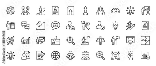 Business management line icon set. Vector pictograms of team, growth, finance, strategy, goals, recruitment, leadership, communication, and innovation, thin linear illustration.