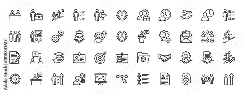 Human resources line icon set. Vector pictograms of recruitment, career, teamwork, hiring, development, success, planning, and rating, thin linear illustration.