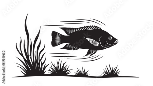 Elegant monochrome fish swimming gracefully among aquatic plants, perfect for conservation awareness campaigns and nature themed designs, a captivating symbol of marine life