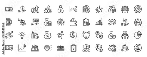 Finance line icon set. Vector pictograms of money bags, banknotes, growth charts, calculators, hands with currency, and investment concepts, thin linear illustration.