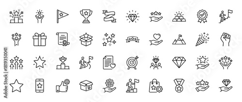 Achievement line icon set. Vector pictograms of trophies, stars, diamonds, certificates, medals, and success goals, thin linear illustration.