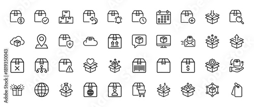 E-commerce and logistics line icon set. Vector pictograms of return box, delivery time, secure package, tracking, payment, gift, and shipping, thin linear illustration.