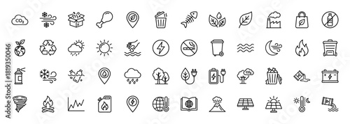 Environment and energy line icon set. Vector pictograms of recycling, pollution, solar panels, factory, battery, weather, global warming, and waste, thin linear illustration.