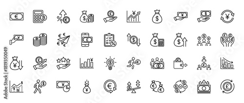 Finance line icon set. Vector pictograms of money bags, currency notes, coins, charts, calculator, wallet, exchange symbols, and people, thin linear illustration.