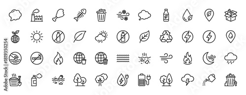 Environmental line icon set. Vector pictograms of trash can, factory, fishbone, recycle symbol, water drop, sun, lightning, tree, watering can, tornado, thin linear illustration.