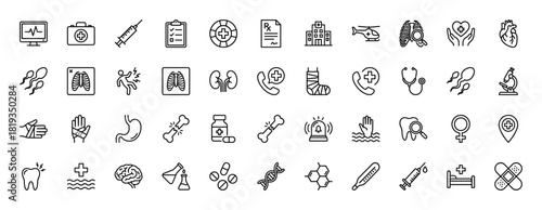 Medical healthcare line icon set. Vector pictograms of syringe, hospital, heart, x-ray, broken bone, stethoscope, microscope, brain, pills, and DNA, thin linear illustration.