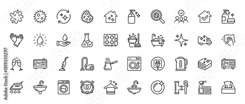 Cleaning and hygiene line icon set. Vector pictograms of cleaning products, home appliances, sanitation tasks, and germ prevention, thin linear illustration.
