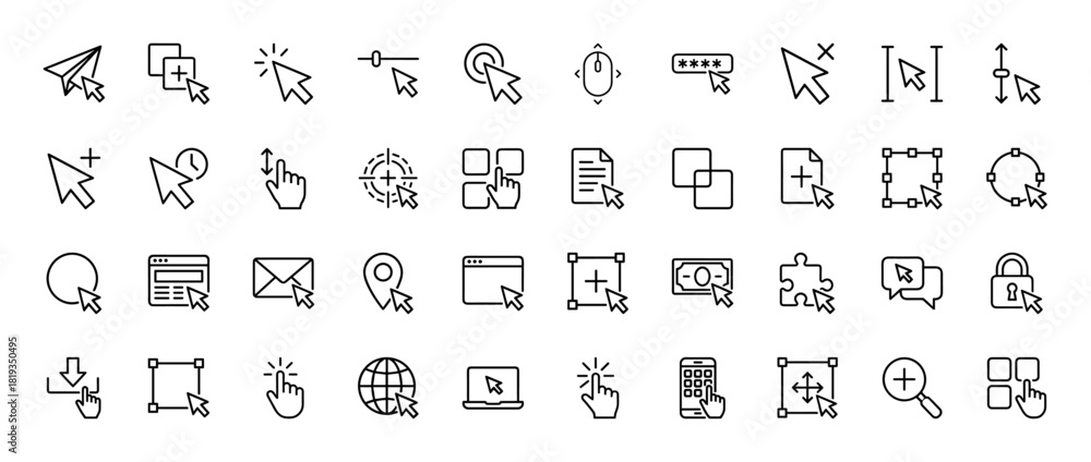Obraz premium User interface line icon set. Vector pictograms of cursors, clicks, selections, documents, mail, security, and web elements, thin linear illustration.