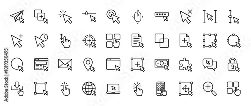 User interface line icon set. Vector pictograms of cursors, clicks, selections, documents, mail, security, and web elements, thin linear illustration.