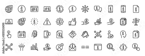 Information and help line icon set. Vector pictograms of info circles, chat bubbles, documents, devices, warnings, settings, charts, and global networks, thin linear illustration.