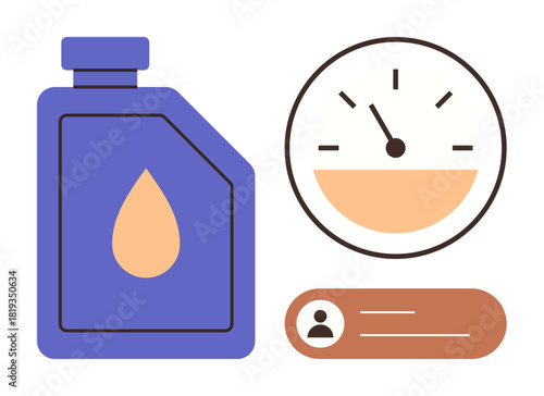 Purple oil container with a teardrop motif, analog gauge displaying levels, and minimal user profile icon. Ideal for fuel tracking, maintenance, energy monitoring, resource management, environment