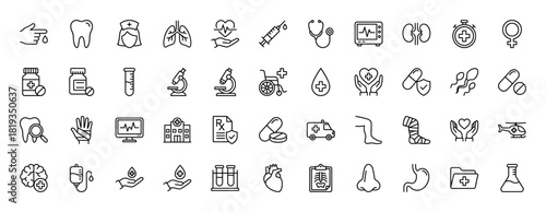 Medical care line icon set. Vector pictograms of nurse, stethoscope, syringe, pills, hospital, heart, lungs, ambulance, microscope, diagnostics, thin linear illustration.
