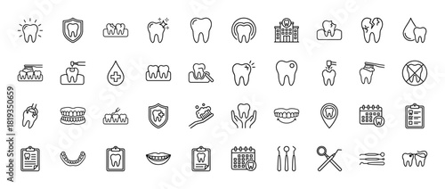 Dentistry line icon set. Vector pictograms of dental clinic, healthy tooth, broken tooth, toothbrush, dental tools, jaw, and calendar, thin linear illustration.