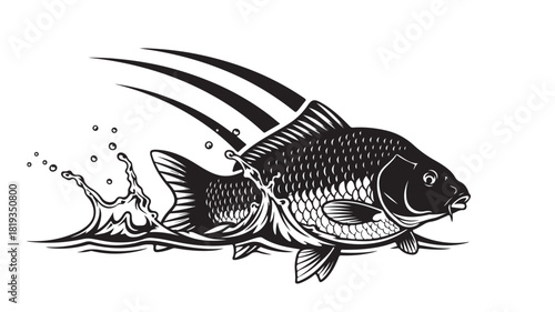 Dramatic carp leaping from water, creating dynamic splash effect for fishing enthusiasts and outdoor adventures, showcasing strength and agility in a sleek monochrome design, perfect for logos