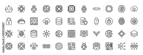 Technology line icon set. Vector pictograms of microchips, robots, cloud data, VR headset, brain, security, and hardware, thin linear illustration.