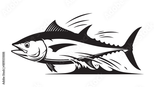 Dynamic black and white tuna jumping from the ocean waves, perfect for fishing enthusiasts and seafood branding, a striking image for restaurant menus and coastal designs
