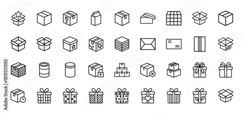 Packaging and shipping line icon set. Vector pictograms of various closed and open boxes, gift boxes with bows, parcels, stacked cartons, and mail, thin linear illustration.