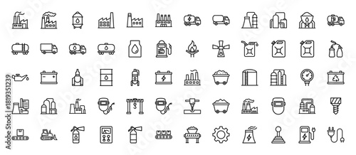Industrial and energy line icon set. Vector pictograms of factories, tanks, trucks, batteries, pumps, welding gear, and power plugs, thin linear illustration.