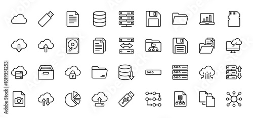 Data and cloud computing line icon set. Vector pictograms of server racks, databases, files, folders, cloud storage, and data transfer, thin linear illustration.