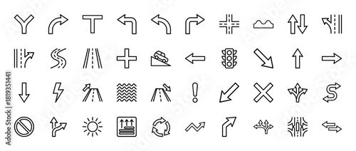 Navigation and traffic line icon set. Vector pictograms of arrows, roads, traffic light, car, sun, stop sign, and warning signs, thin linear illustration.