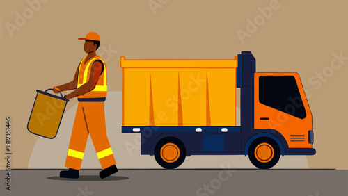 Waste disposal worker in uniform carrying a garbage bin next to a collection truck