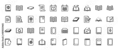 Knowledge and literature line icon set. Vector pictograms of open, closed, stacked, globe, star, and bookmark books, documents, and study elements, thin linear illustration.