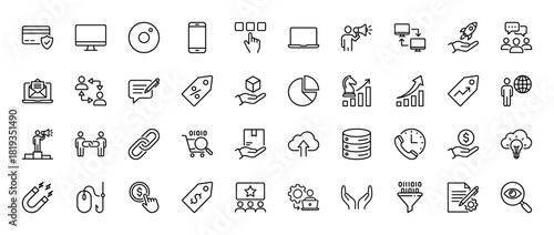Digital business line icon set. Vector pictograms of technology, marketing, finance, analytics, data, e-commerce, and communication, thin linear illustration.