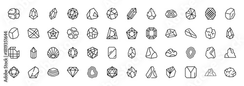 Geology and jewelry line icon set. Vector pictograms of gemstones, crystals, rough minerals, faceted diamonds, and geodes, thin linear illustration.