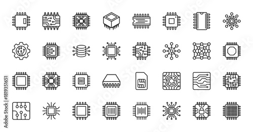 Computer hardware line icon set. Vector pictograms of microchips, processors, integrated circuits, circuit boards, and data storage, thin linear illustration.