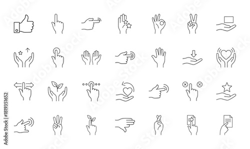Hand gestures line icon set. Vector pictograms of OK, pointing, thumbs up, peace, tapping, heart, star, plant, and document signs, thin linear illustration.