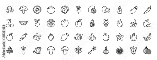 Food and produce line icon set. Vector pictograms of lemon, cabbage, cherry, pineapple, banana, apple, carrot, garlic, mushroom, and spinach, thin linear illustration.
