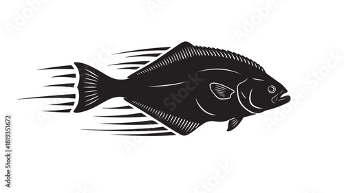 Dynamic black flounder cruising effortlessly through the ocean, a powerful seafood icon for restaurants, fishing charters, or culinary brands, perfect for logos and creative marketing