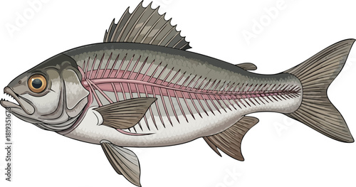Gray Fish Illustration with Visible Skeleton and Fins